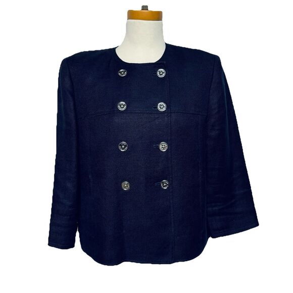 Lauren Ralph Lauren Navy Blue Double-breasted Fully Lined Linen Blazer Jacket 14 - Picture 1 of 4